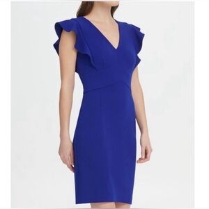 DKNY Ruffle Cap Sleeve Sheath Dress Cobalt Blue Donna Karan Like New